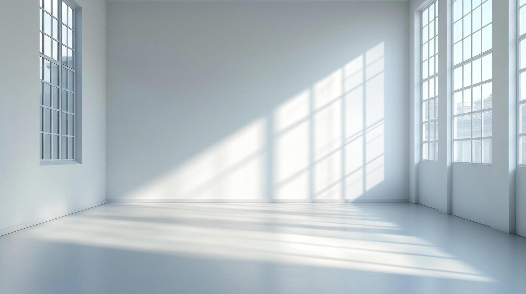 Bright, white room with sunlight streaming in from the windows creating a sense of spaciousness and tranquility, a modern architectural interior. photo