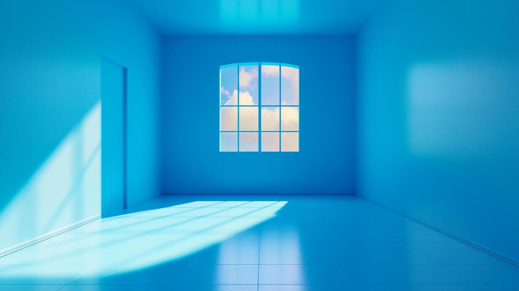 Azure room with window revealing fluffy clouds, bathed in light, creating a surreal, calming atmosphere. Modern minimalism design style photo