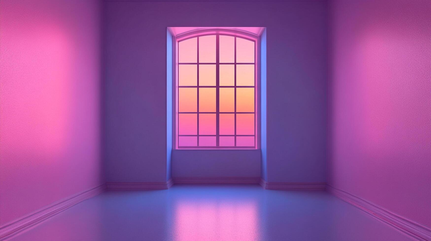 An empty pink room with a window showing sunset colors. The reflection illuminates the floor with an ethereal glow. Serene atmosphere. photo