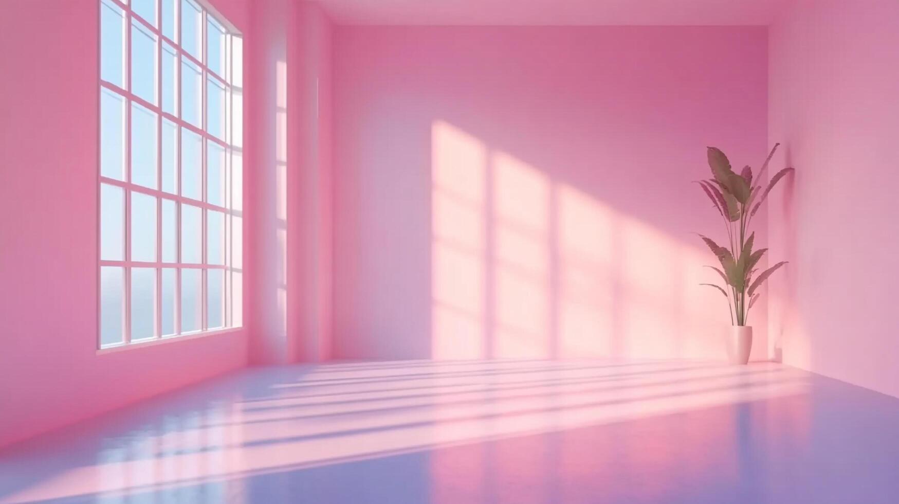 Minimalist pink room with soft sunlight streaming through a large window, illuminating the floor and walls. Potted plant adds a touch of green. photo