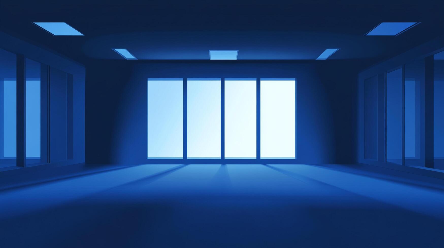 Empty blue room with large windows casting light and shadows, creating a minimalist and contemporary architectural space. photo