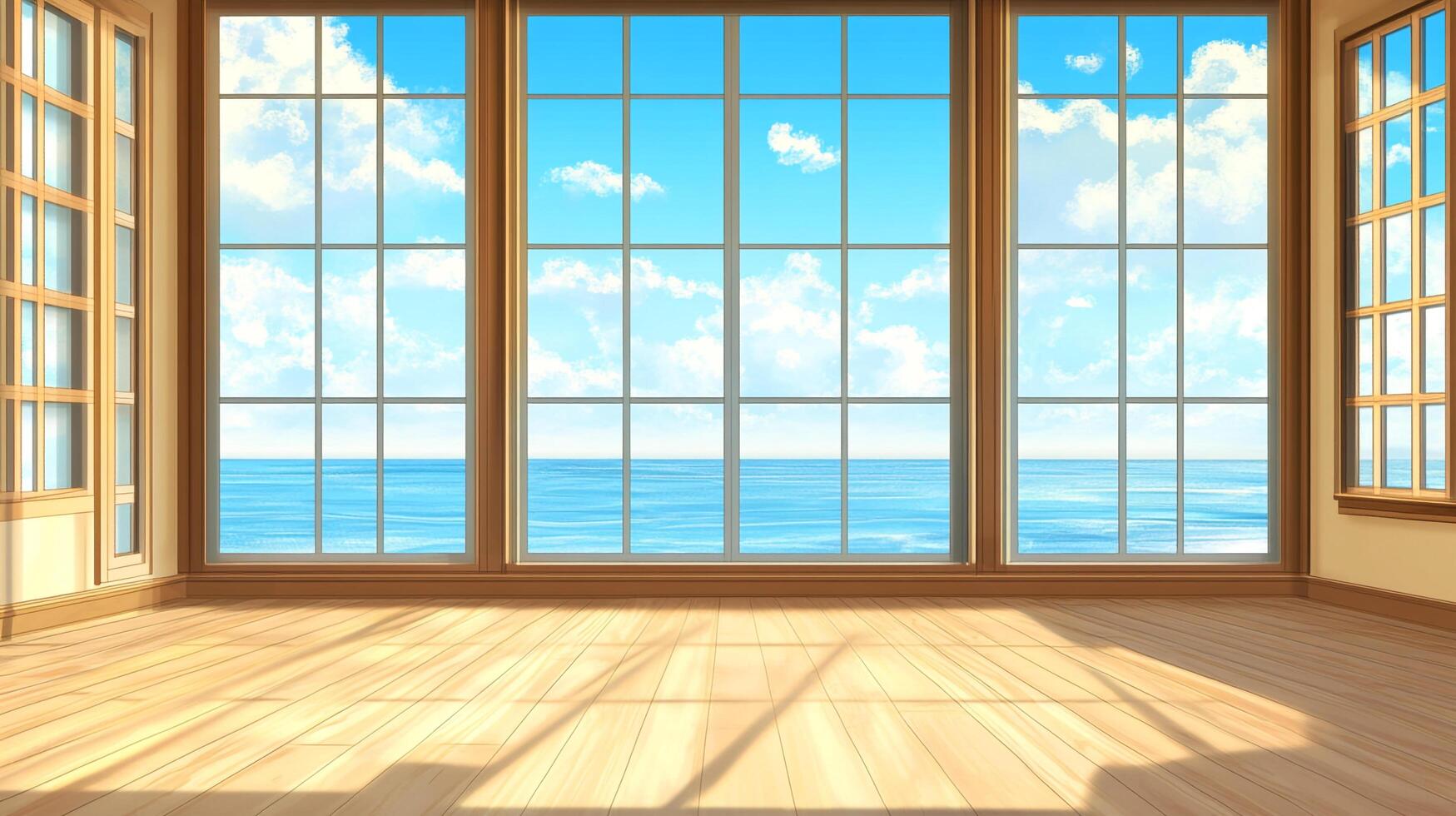 Sunlight floods a spacious room with a panoramic ocean view, where a bright sky and tranquil waters meet in a serene coastal setting. photo