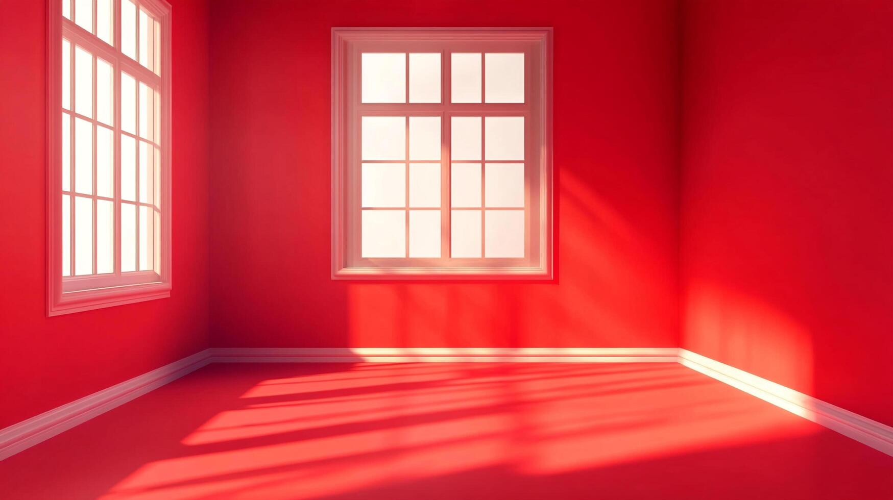 Interior shot of a bright red room with a white trim, bathed in natural light streaming through the windows. A simple and modern aesthetic. photo