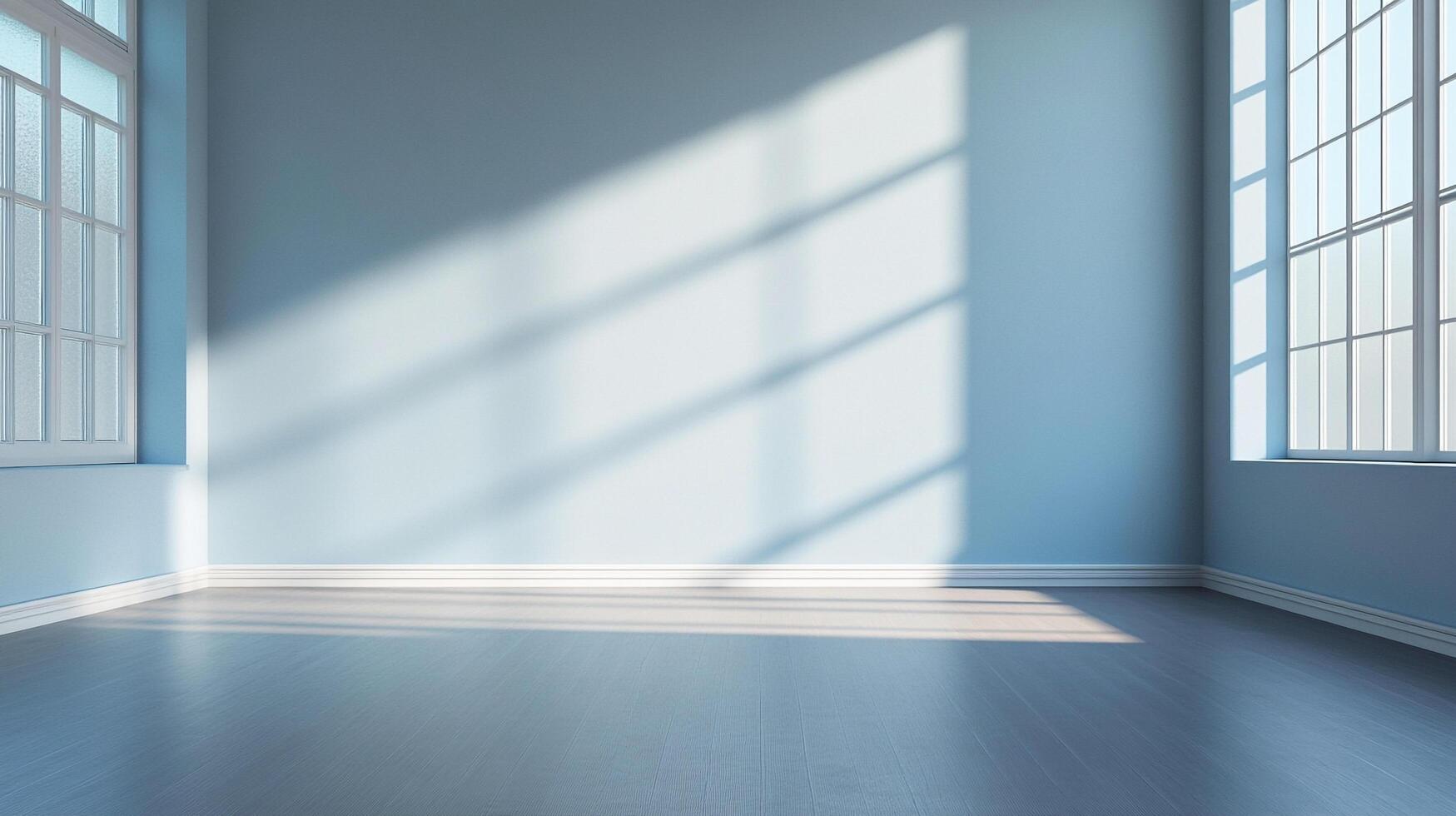 Serene room bathed in light. Minimalist interior design with light blue walls, gray wood floor, and bright windows. Sunlight casting shadows. photo