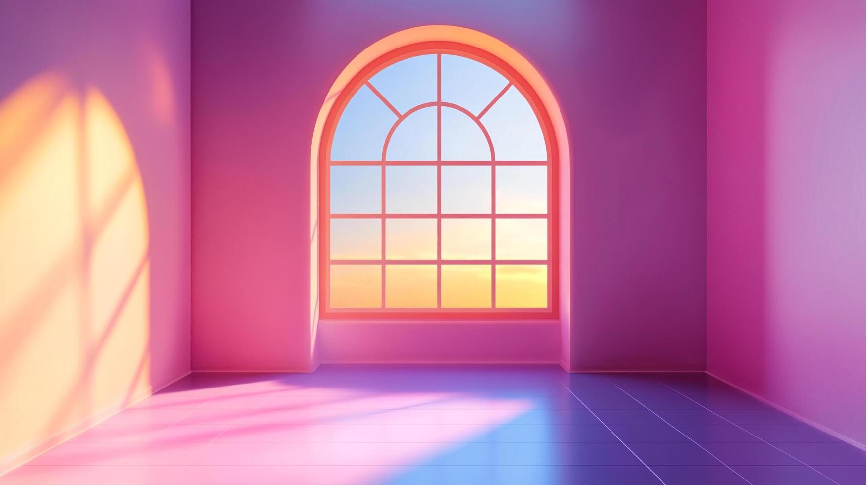 A pink-toned room with a large arched window showing a colorful sky, creating a serene and dreamlike atmosphere with light and shadow play. photo