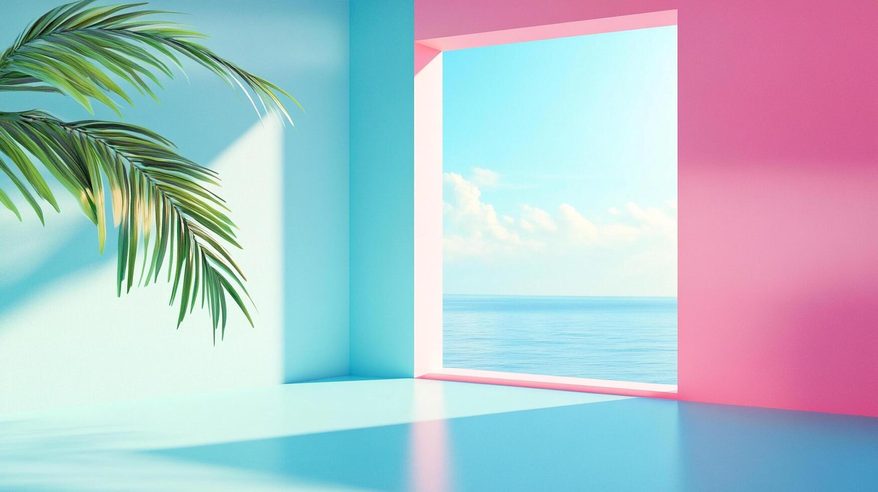 Tropical doorway to paradise. Open window offers ocean view, bathed in sunlight. Palm leaf accent on pastel walls in this minimal space. photo