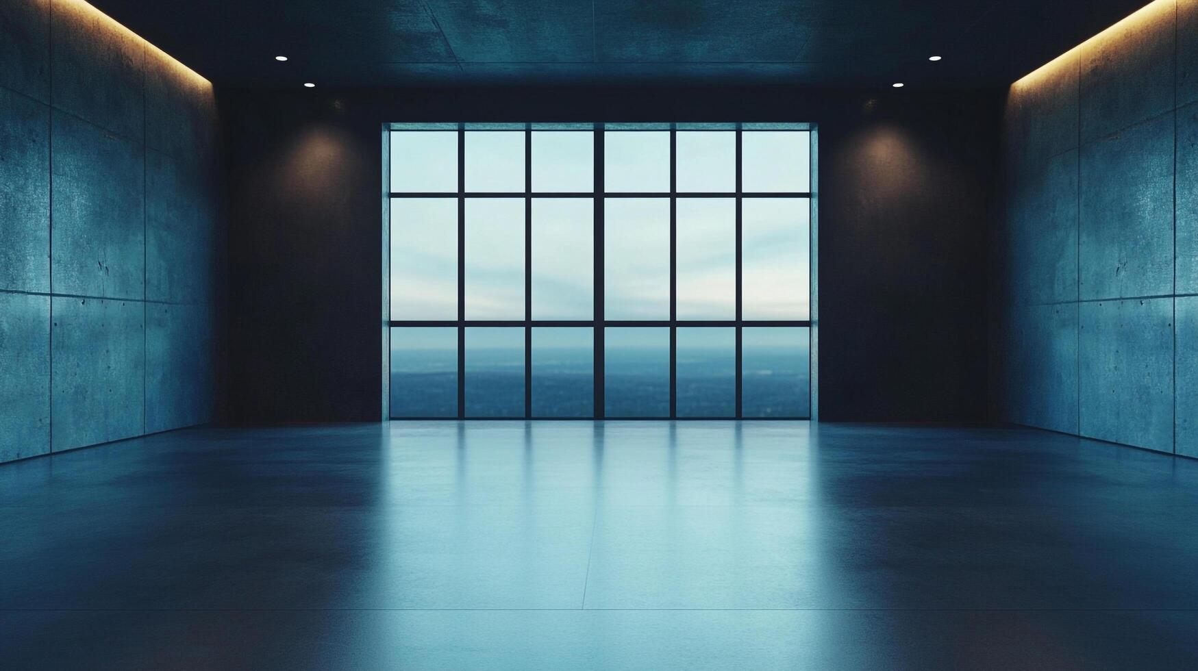 Sleek interior design featuring expansive windows offering scenic views, complemented by modern concrete walls and polished floors. photo