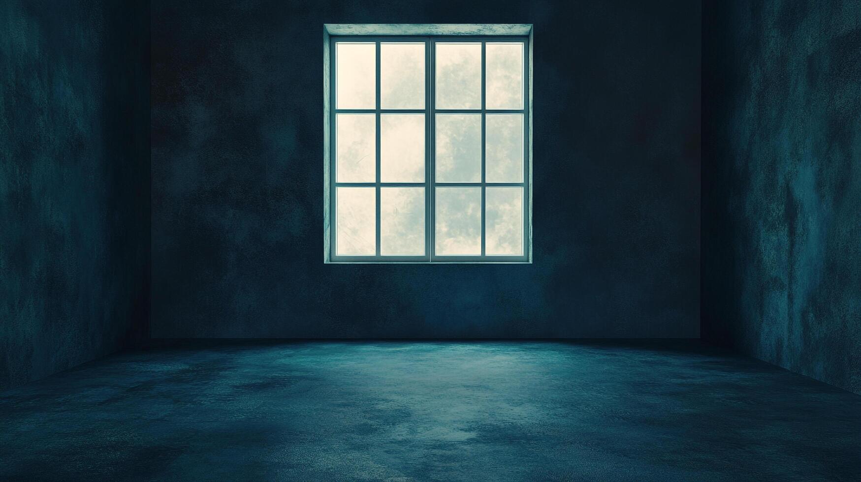 An empty, shadowed room with a gridded window. Stark setting with an atmospheric feeling created by lighting and wall texture. photo