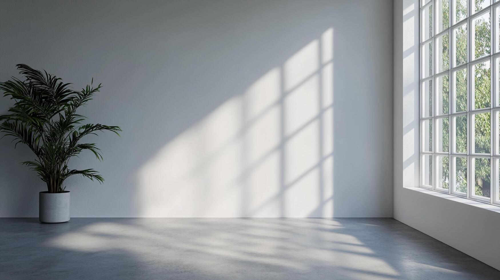 Bright, minimalist interior with a potted plant and sunlight streaming through a large window casting geometric shadows on the wall. photo