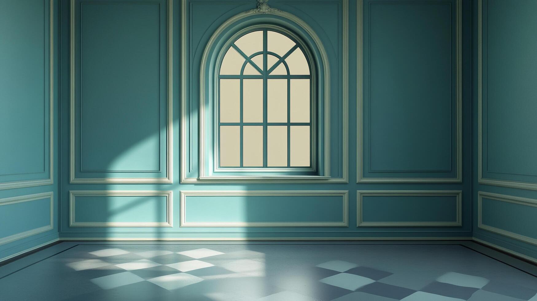 A teal room with elaborate paneling, a large arched window, and a checkerboard floor basking in soft, warm sunlight. photo