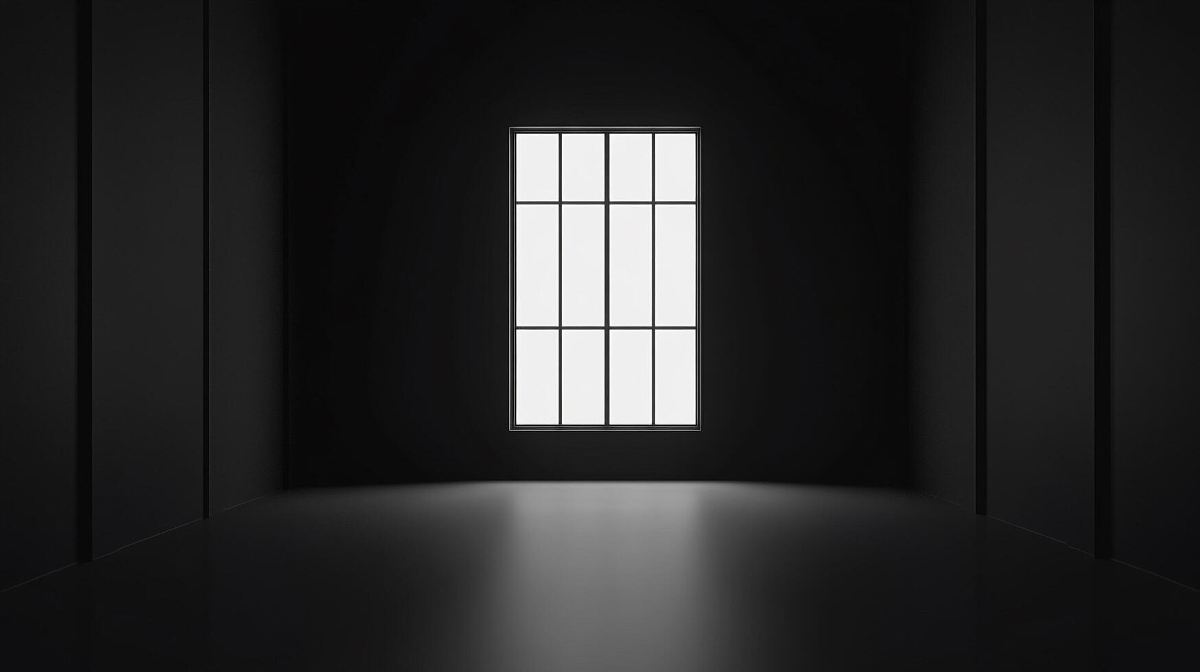 Minimalist black interior with central window creates a contemplative space, blending architecture and abstract composition. photo