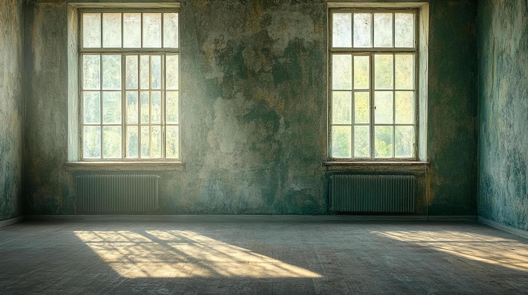 Empty interior with two windows casting sunlight. A space with worn walls and wooden floors, evoking a sense of quiet desolation. photo