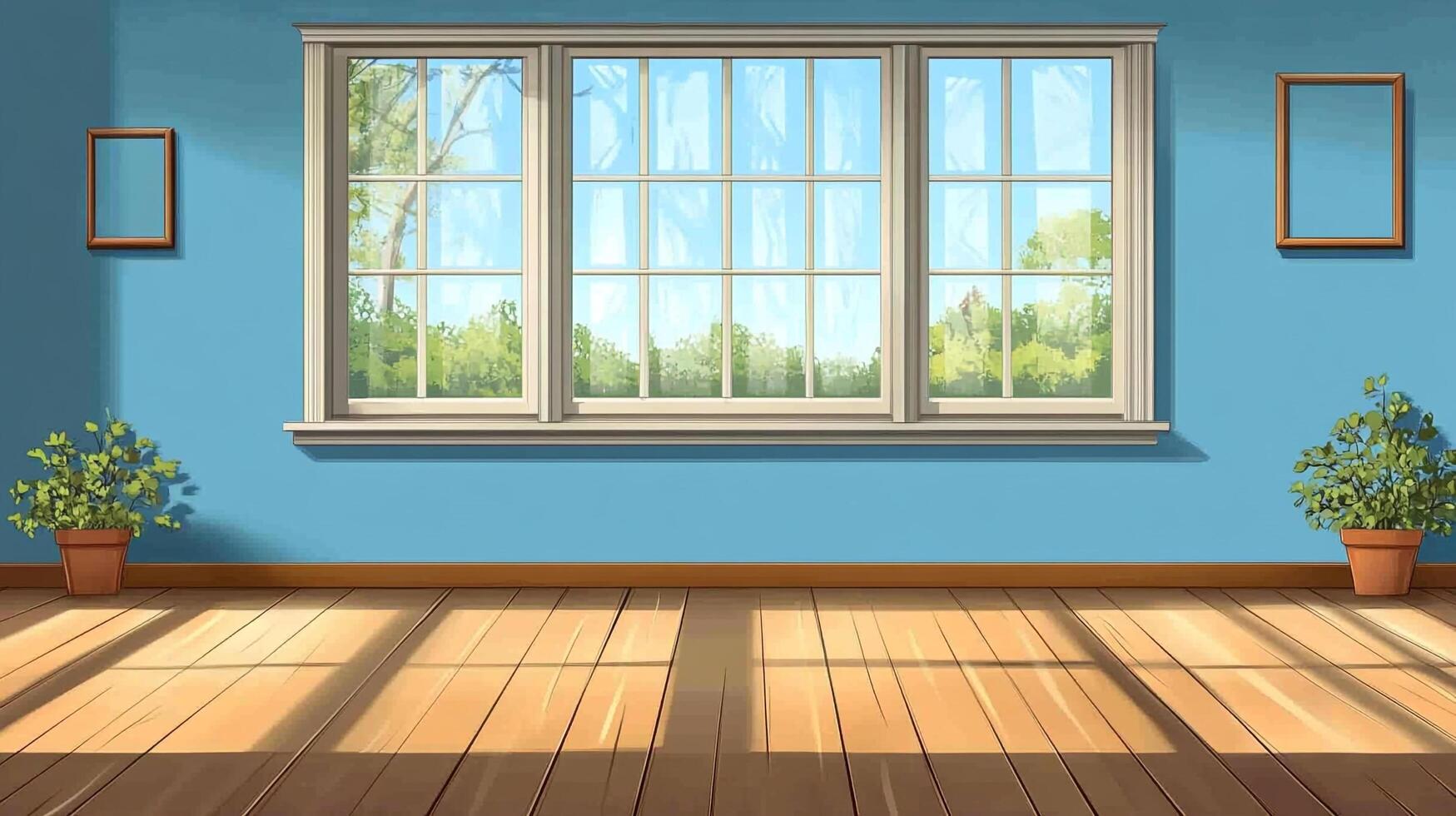 A bright and welcoming room with a view. Sunlight streams through the window, highlighting the wooden floor and adding to the warmth of the scene. photo