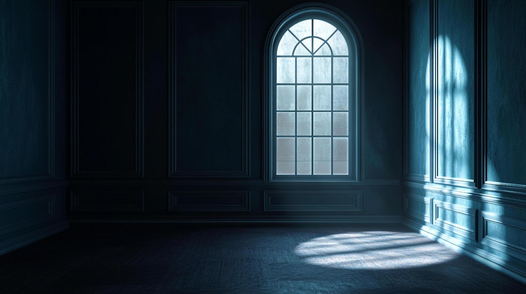 Illuminated window in a dark room casting shadows on the walls and floors in a minimalist architectural photography style. photo