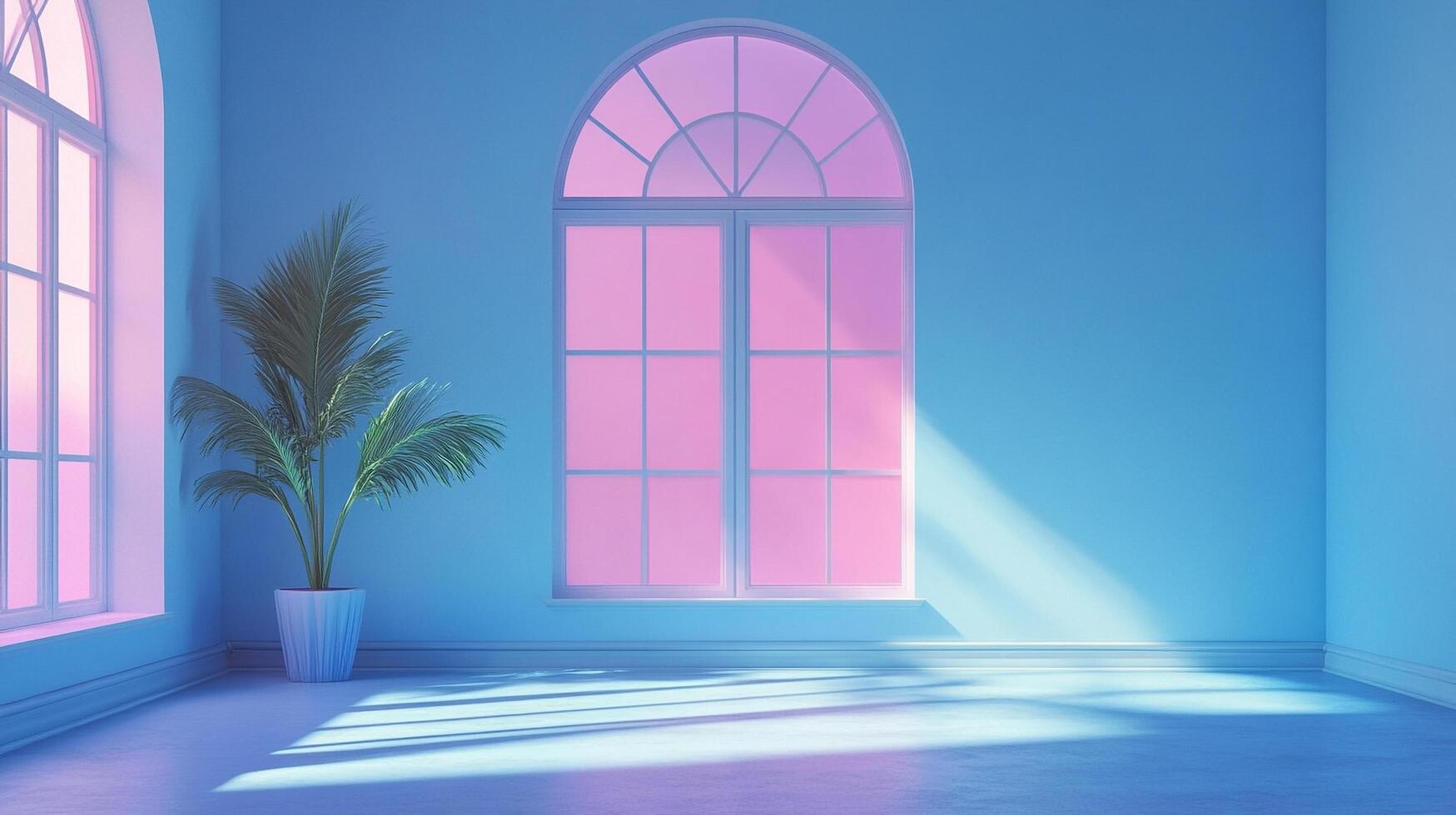 Calm room with pink light streaming through window. A potted plant stands in the corner, casting soft shadows, creating a serene ambiance. photo