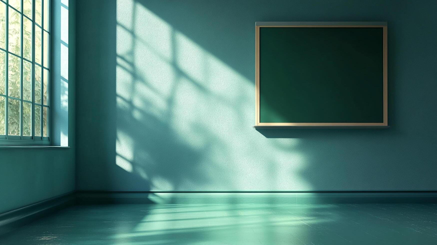 Classroom illuminated by natural light, with a chalkboard on the wall. Peaceful and serene atmosphere for learning and education. photo