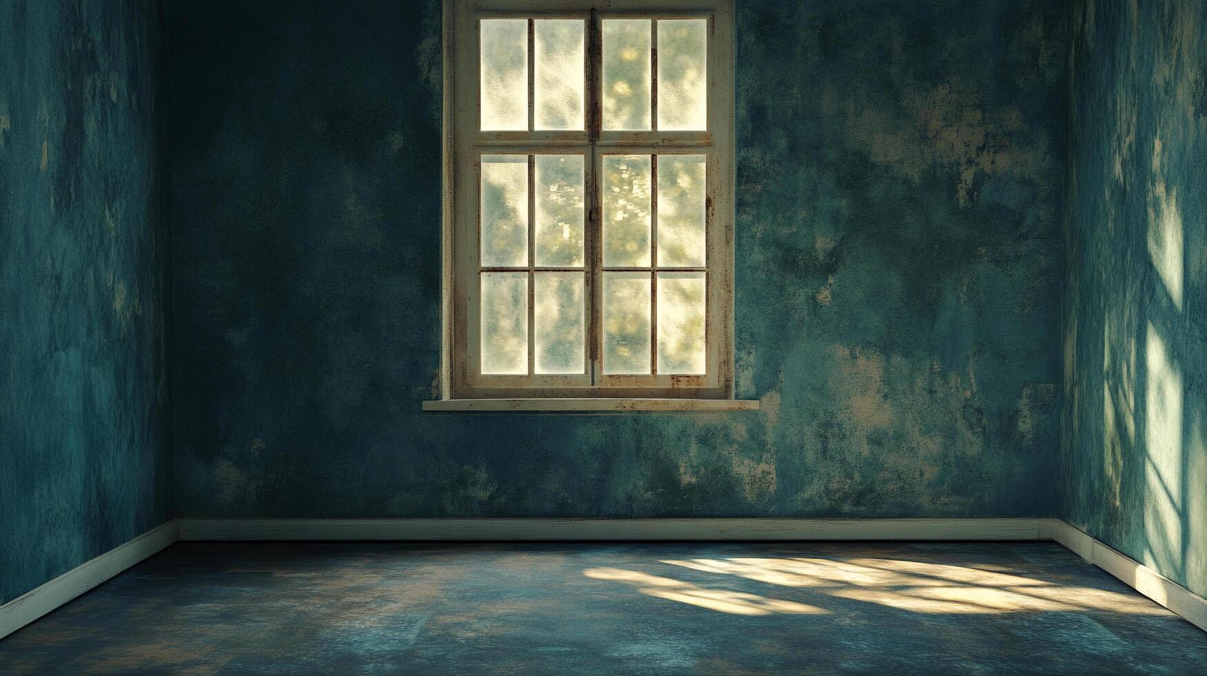 Sunlight streams through a window illuminating a room with distressed walls and a vintage window. The light casts long shadows on the floor. photo