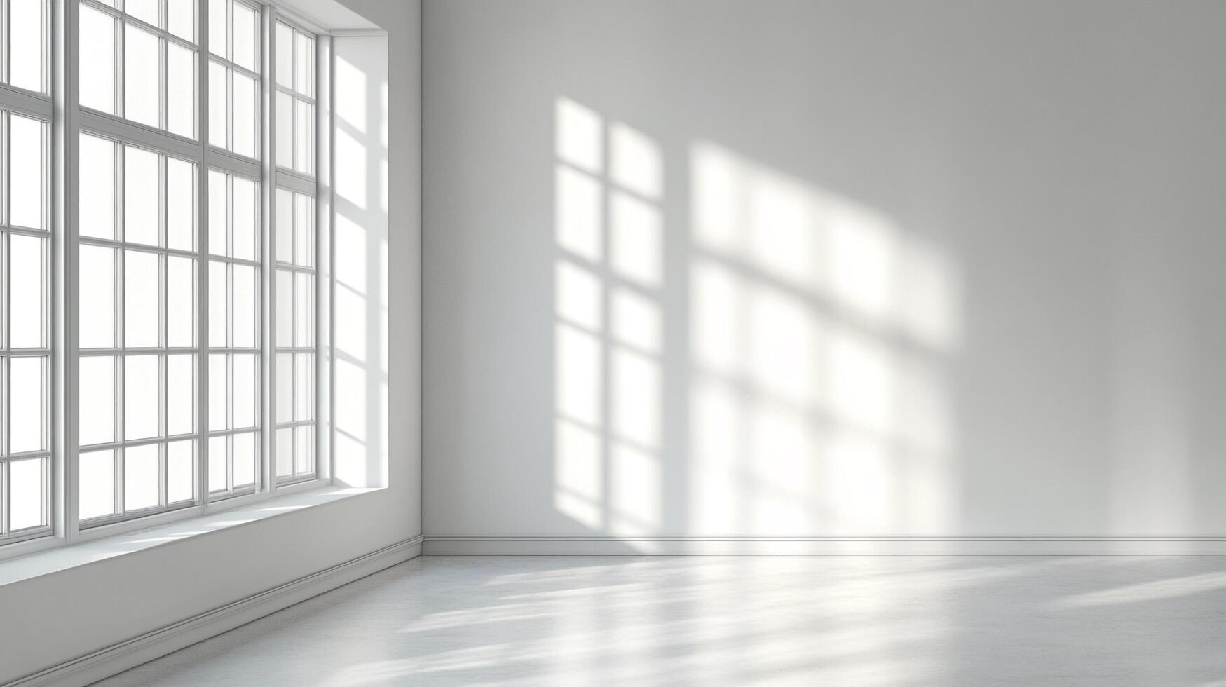Bright, minimalist interior. Sunlight streams through a large window, creating abstract shadows on the white wall and light gray floor. photo