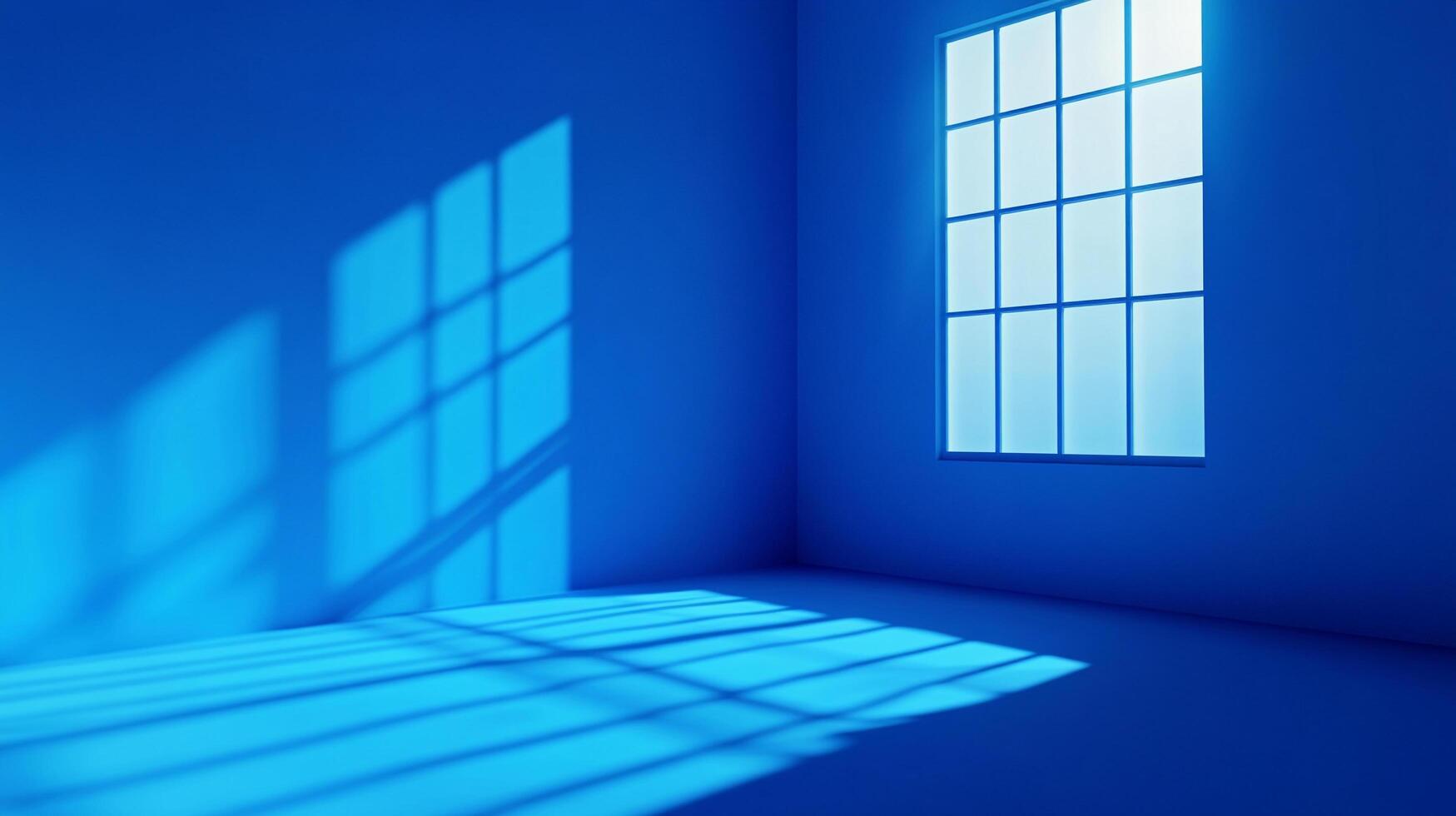 A brightly illuminated room, painted in a vibrant shade of blue. Window light casts dynamic shadows, creating a stark contrast on the walls and floor. photo