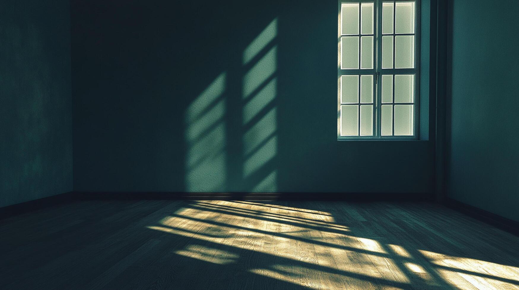 Sunlight through a window creates contrasting shadows in a sparsely furnished room. Emphasizing minimalist space with natural light. photo