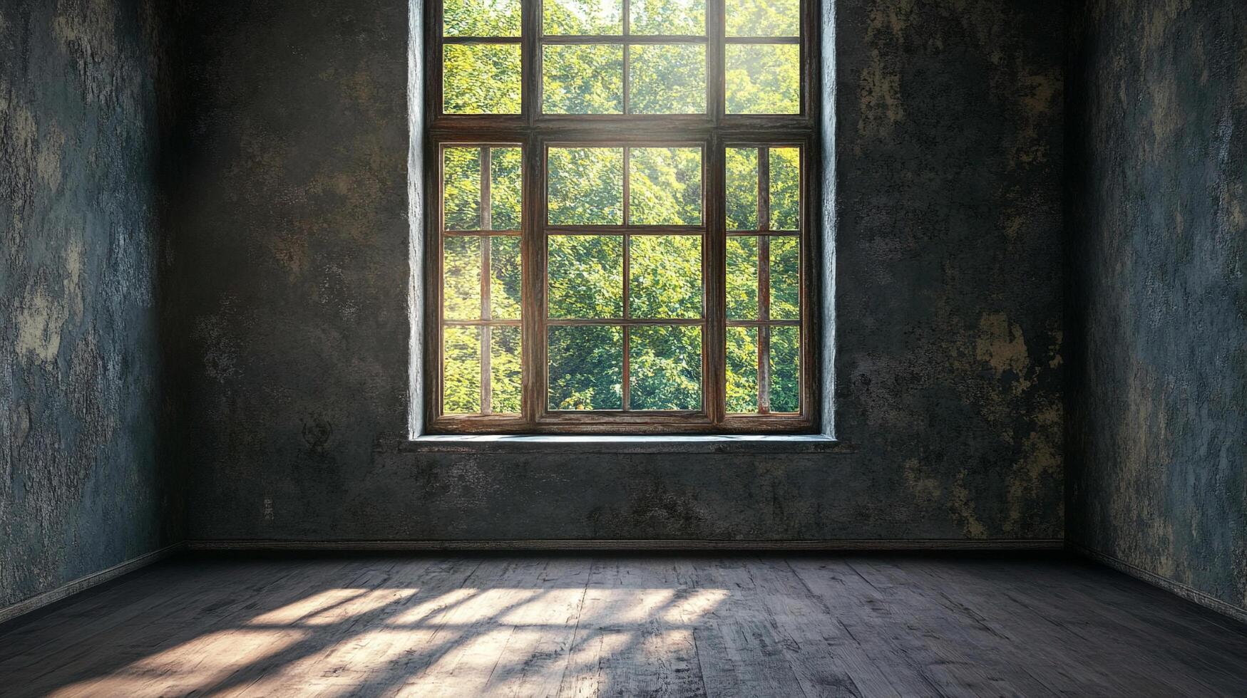Sunlight streams through a window in a room with worn walls, creating a bright contrast against the dark interior and wooden floorboards. photo