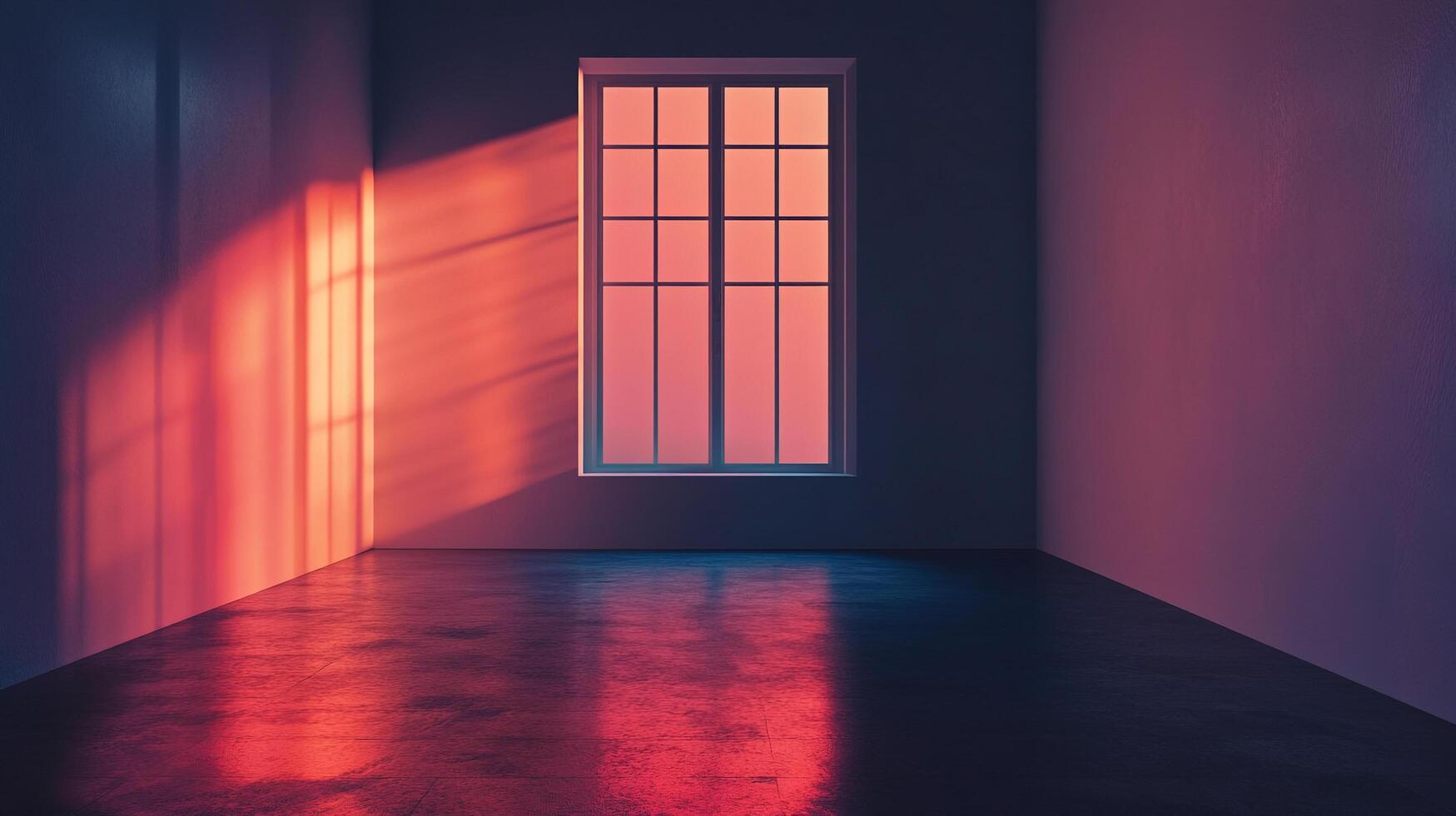 Sunlight streams through a window in an otherwise darkened room, creating a striking visual effect with bold colors and sharp shadows. photo