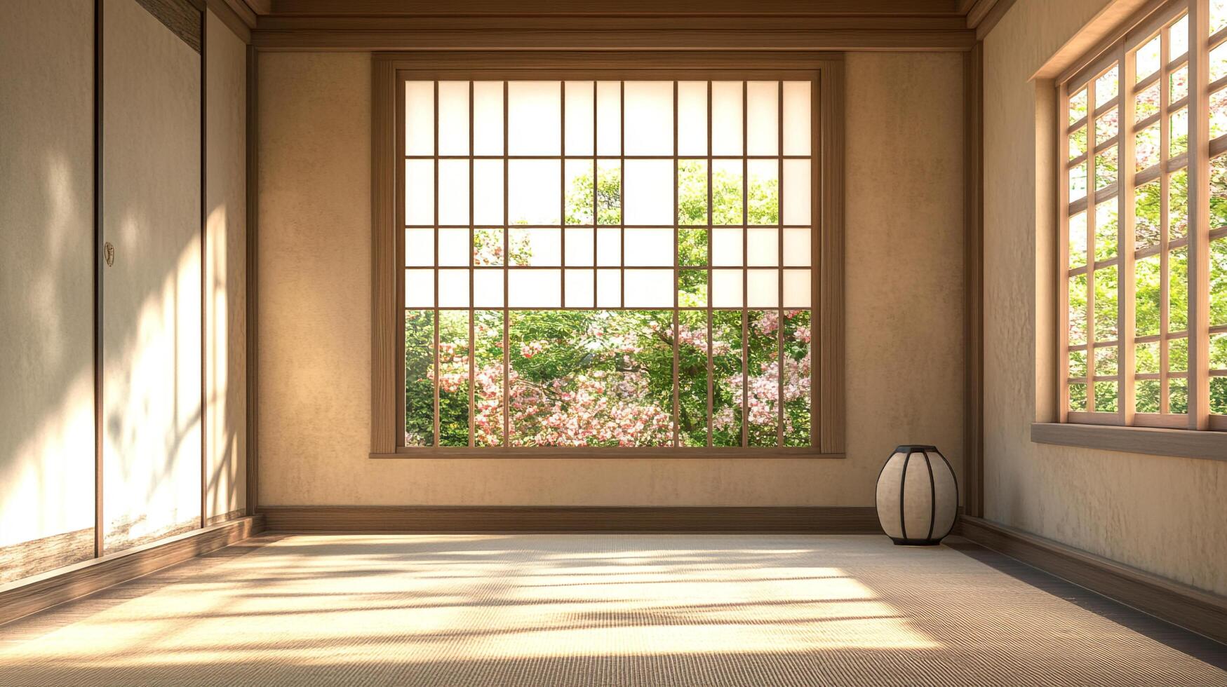 Serene Japanese-style room bathed in soft sunlight, offering a tranquil view of lush greenery and blossoming trees through a window. photo