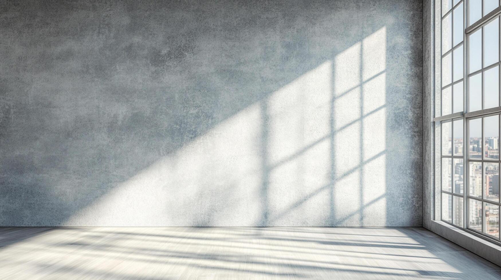 Sunlight streams through large windows onto a textured grey wall in an empty room, creating a bright and airy ambiance. photo
