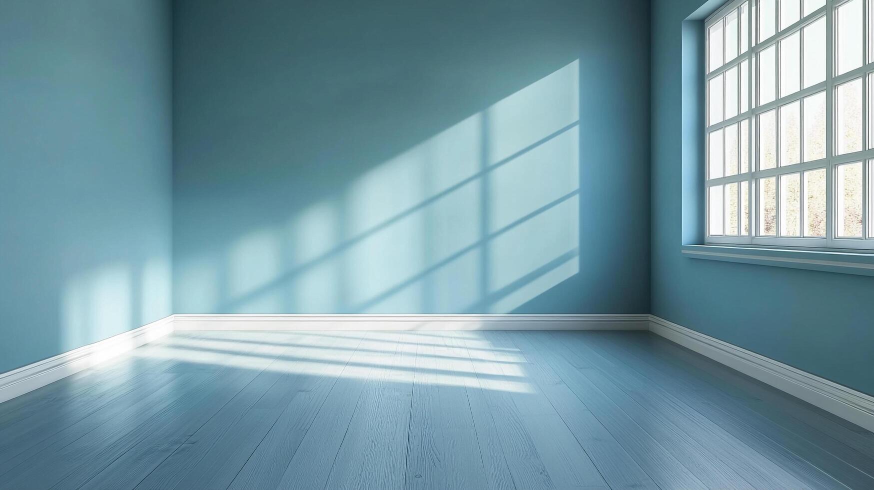 Light streams into an empty, light blue room with wooden floors, creating patterns. A window is on the right wall. photo