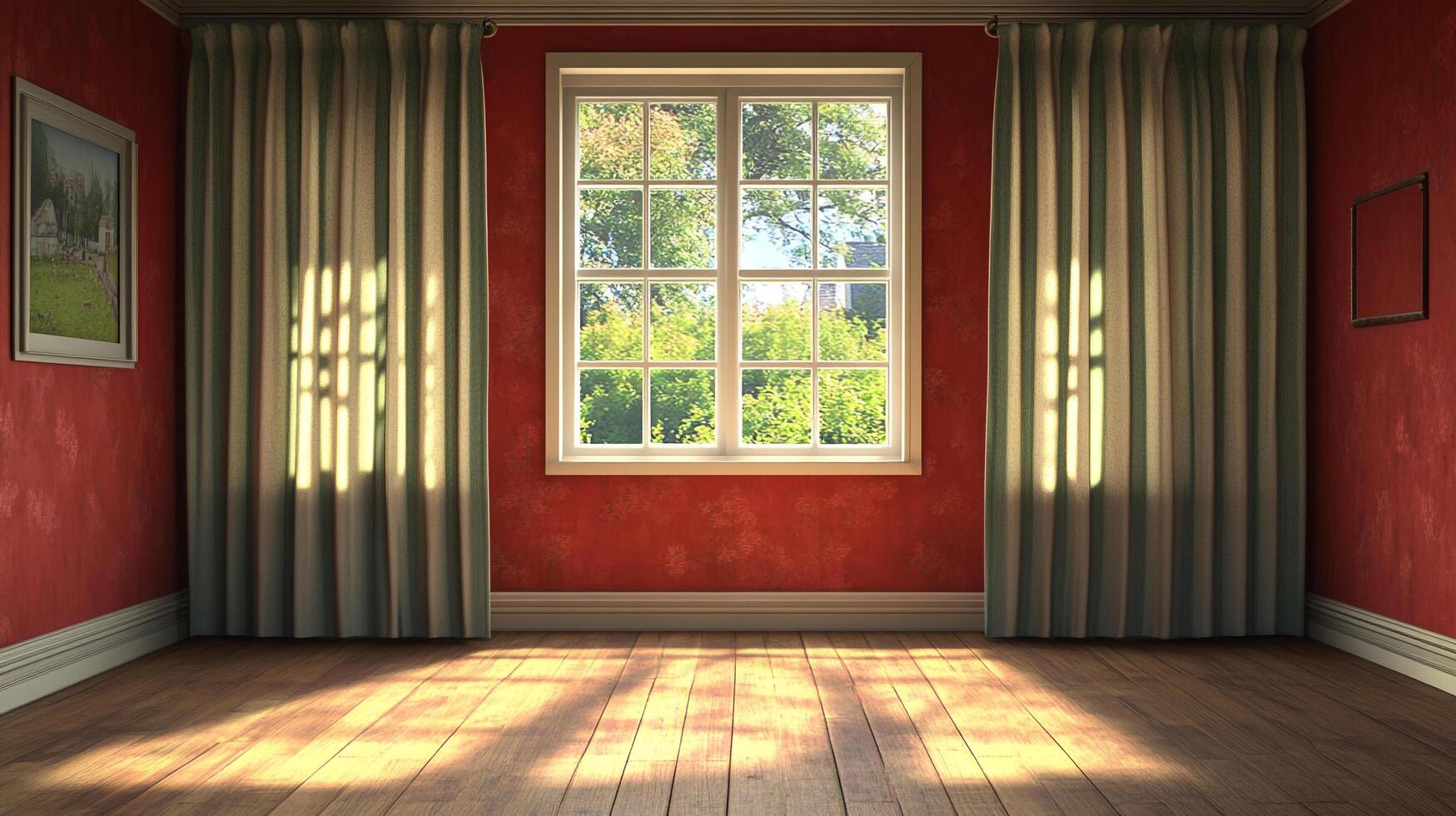 A room with red walls and a wooden floor, featuring a bright window with curtains and light shining into the interior. photo