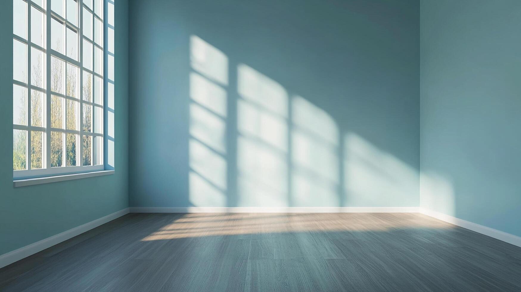 Bright room with soft blue walls and hardwood floors, illuminated by sunlight streaming through a large window, creating a peaceful ambiance. photo