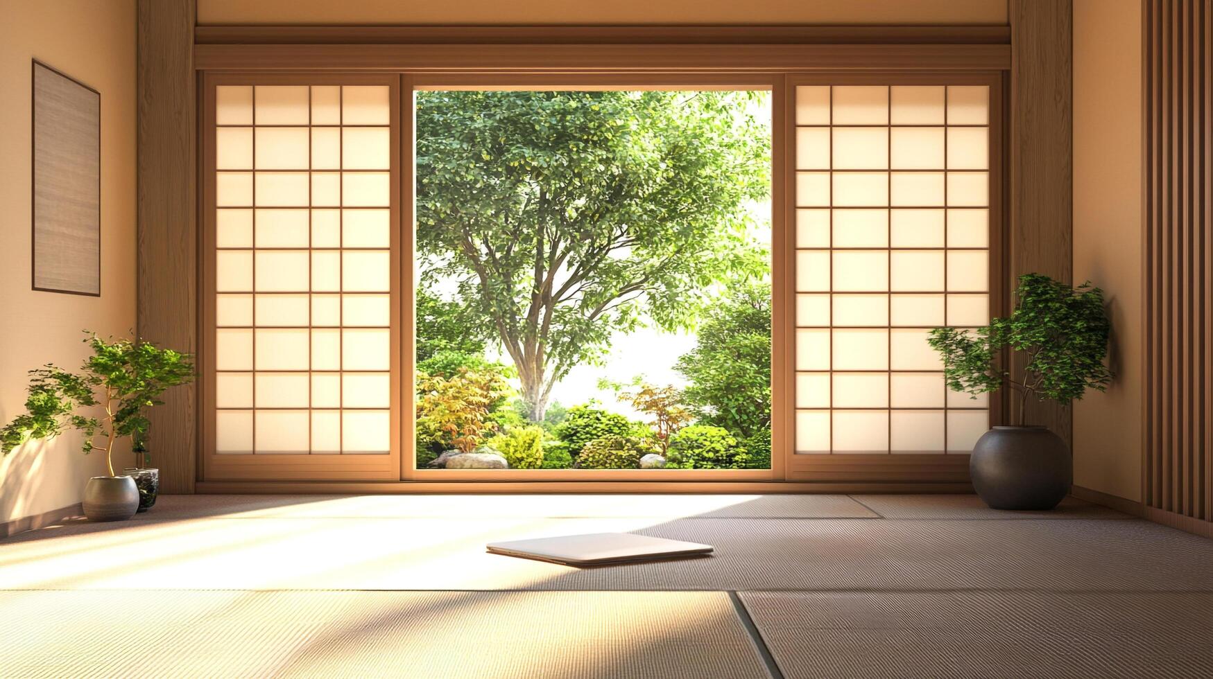 Serene interior space with calming greenery. The tranquil zen room brings peace. Natural light and soothing ambiance invite relaxation. photo