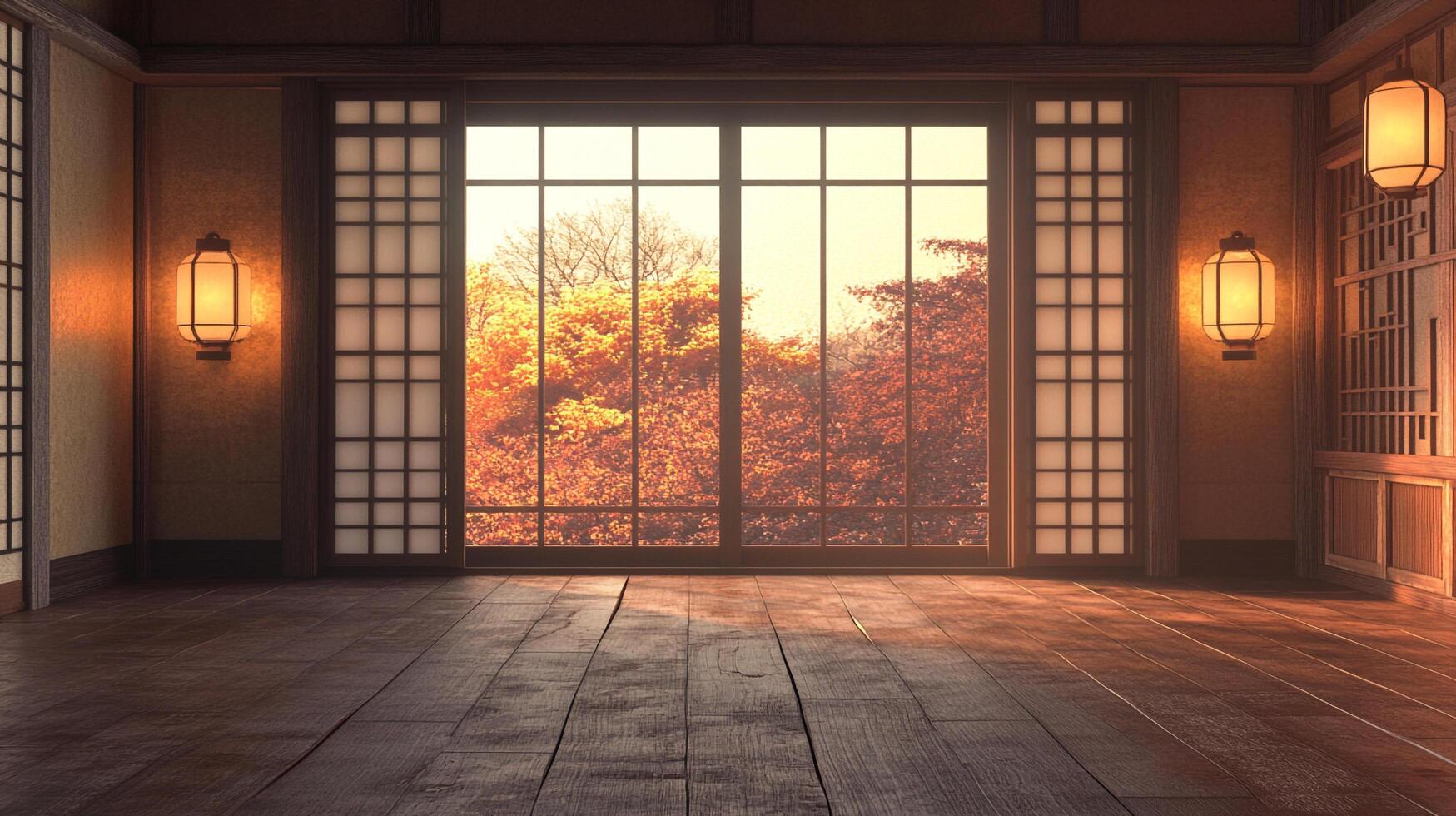 Inviting interior with large picture window and warm, soft lighting showcasing the beauty of nature outside. Peaceful, natural scene. photo