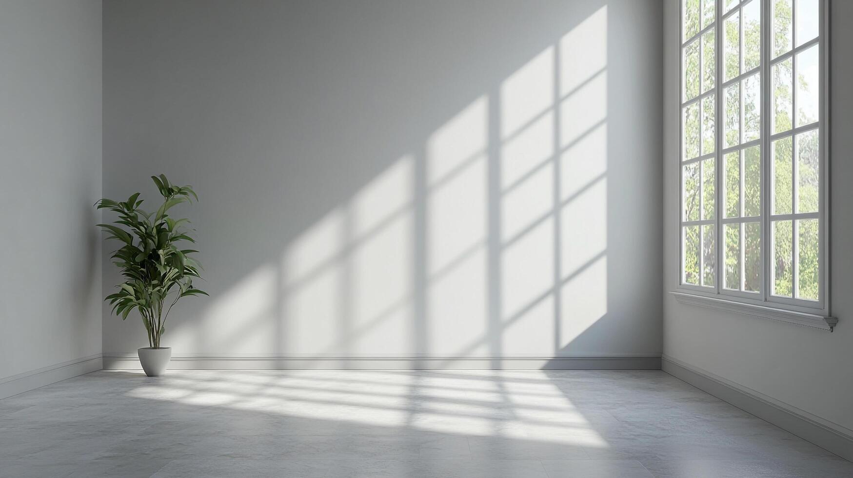 Sunlit room with minimalist decor, featuring a leafy green plant in a white pot next to a large window casting patterned shadows. photo