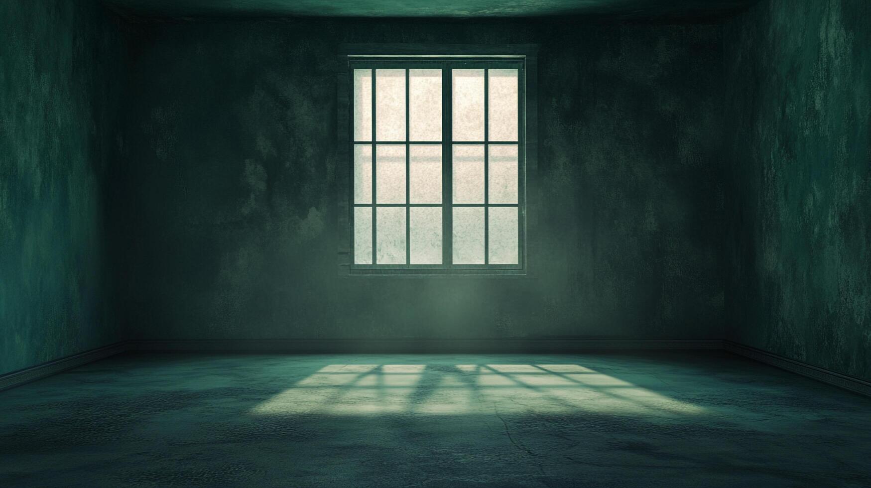 A dark and empty room with a barred window that allows light to stream in. A scene of desolation and introspection. Minimalist, monochromatic. photo
