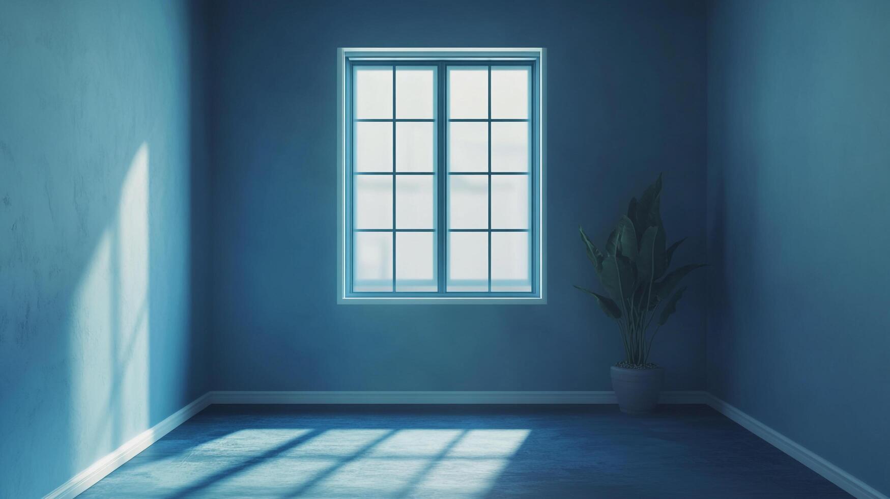 Minimalist interior featuring a window casting light onto a blue floor, with a potted plant adding a touch of nature to the serene space. photo