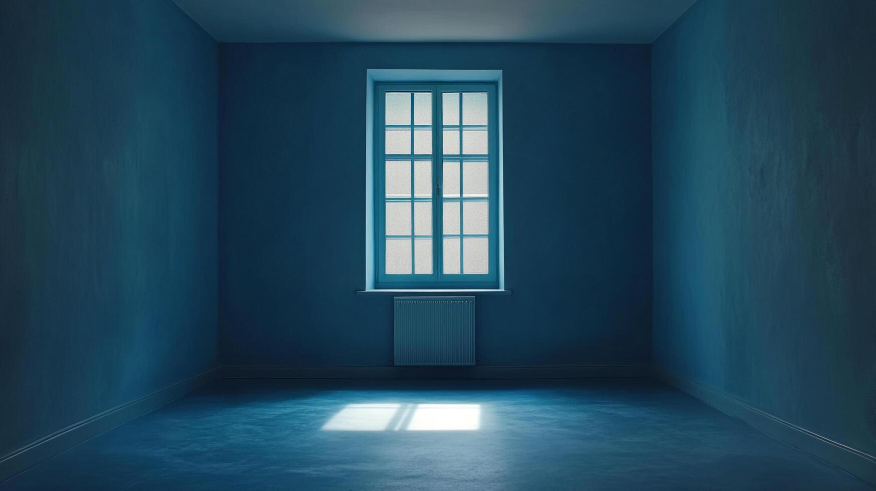 An empty, all-blue toned room with natural light coming through a window, illuminating a rectangle on the concrete floor. photo