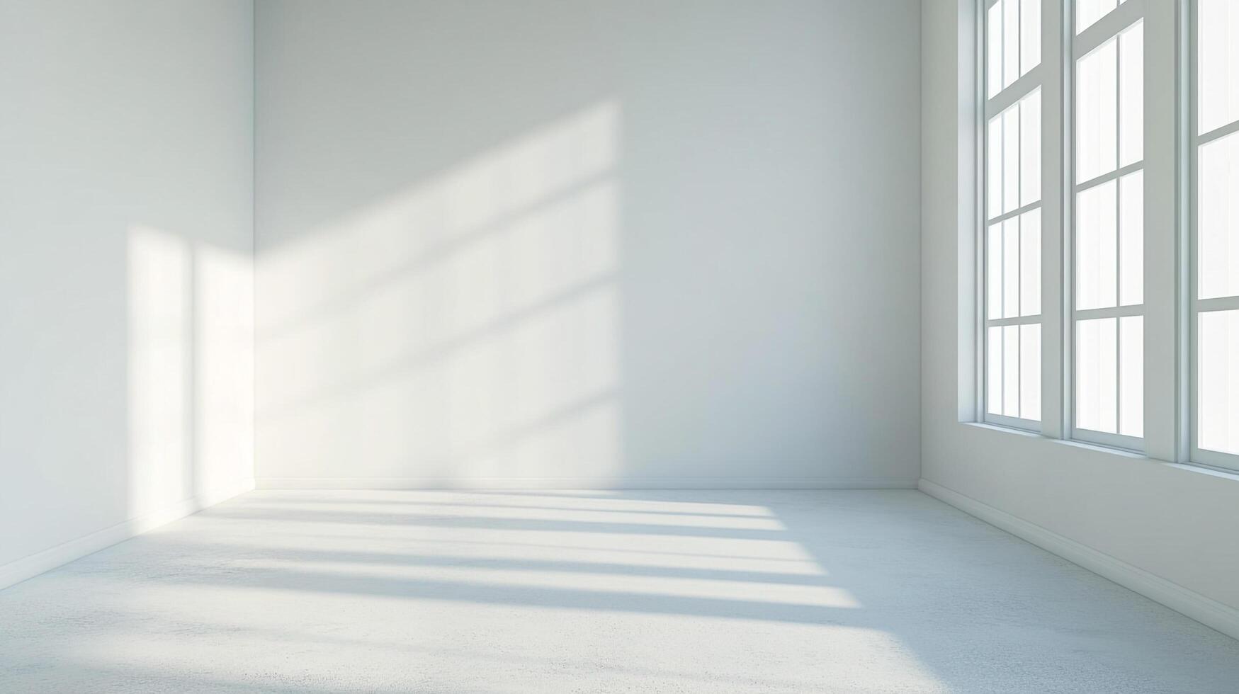 Bright, modern room with abundant natural light streaming through large windows, casting shadows across the floor and walls. photo