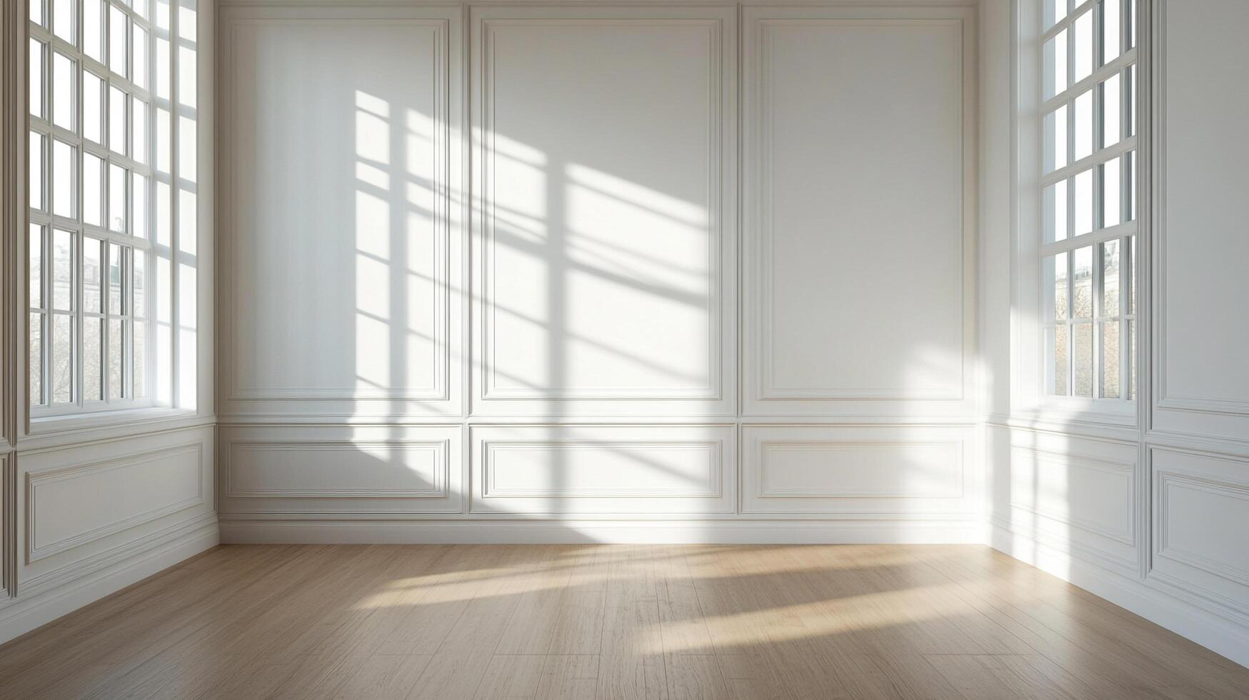 Bright white room illuminated by sunlight through large pane windows, reflecting on wood floor and paneled walls, casting shadows. photo