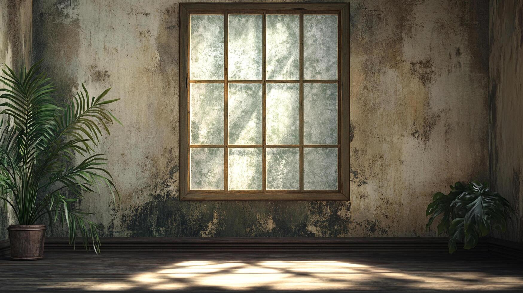 Sunlit room with plants evokes tranquil ambiance. Natural light filters through a paneled window onto distressed walls creating a peaceful indoor scene. photo