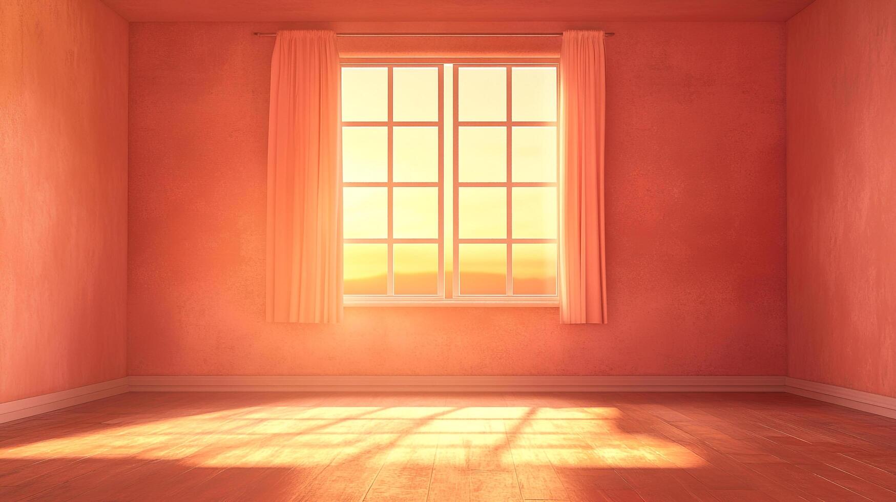 Sunlit room with peach walls and wooden floors. A window provides a golden view and casts shadows on the floor with curtains on either side. photo
