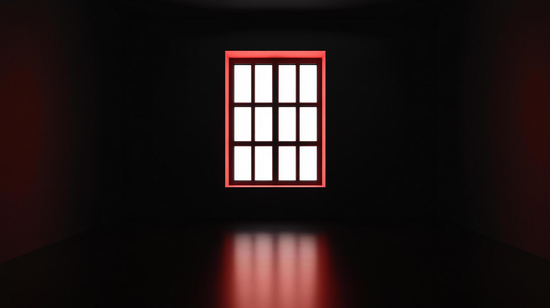 Illuminated window in a dimly lit room featuring a bright white light shining through panes with red trim. A mysterious and captivating scene. photo