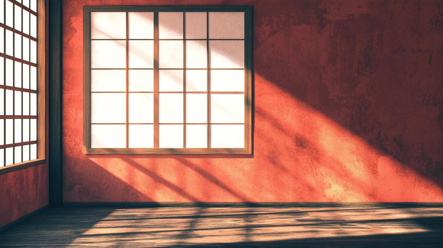 Sunlight streams through windows in this sparsely furnished room, creating shadow patterns on the textured red wall and wooden floor. photo