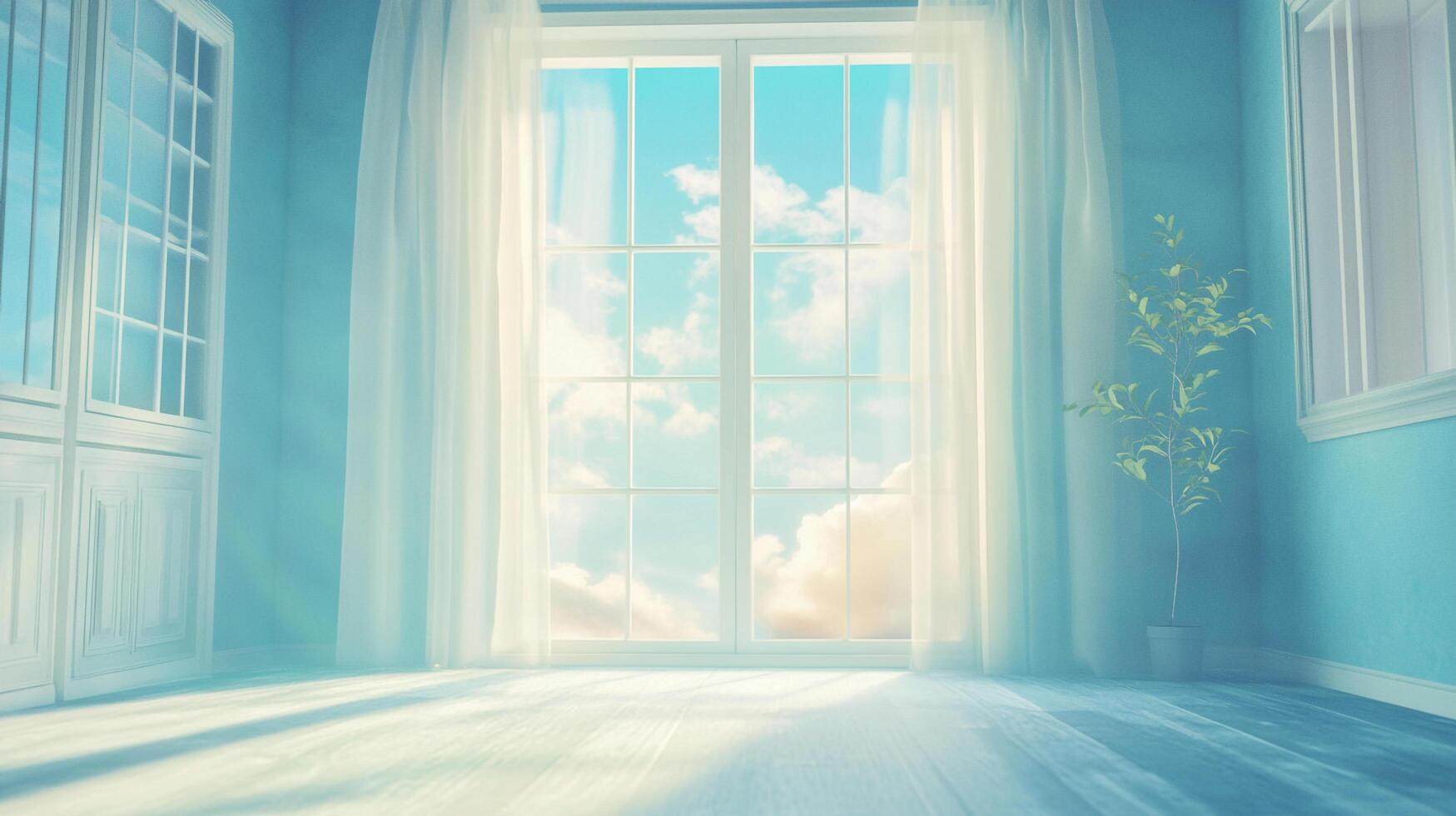 Bright interior with natural light streaming through a large window, offering a view of a cloud-filled sky, creating a serene atmosphere. photo