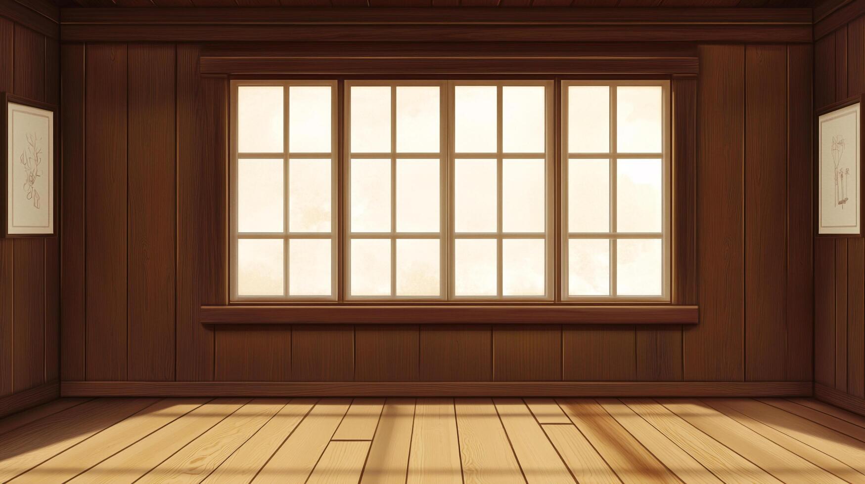 An interior view of a room with wooden paneling, a large window, and artwork. The floorboards show light patterns creating a warm atmosphere. photo