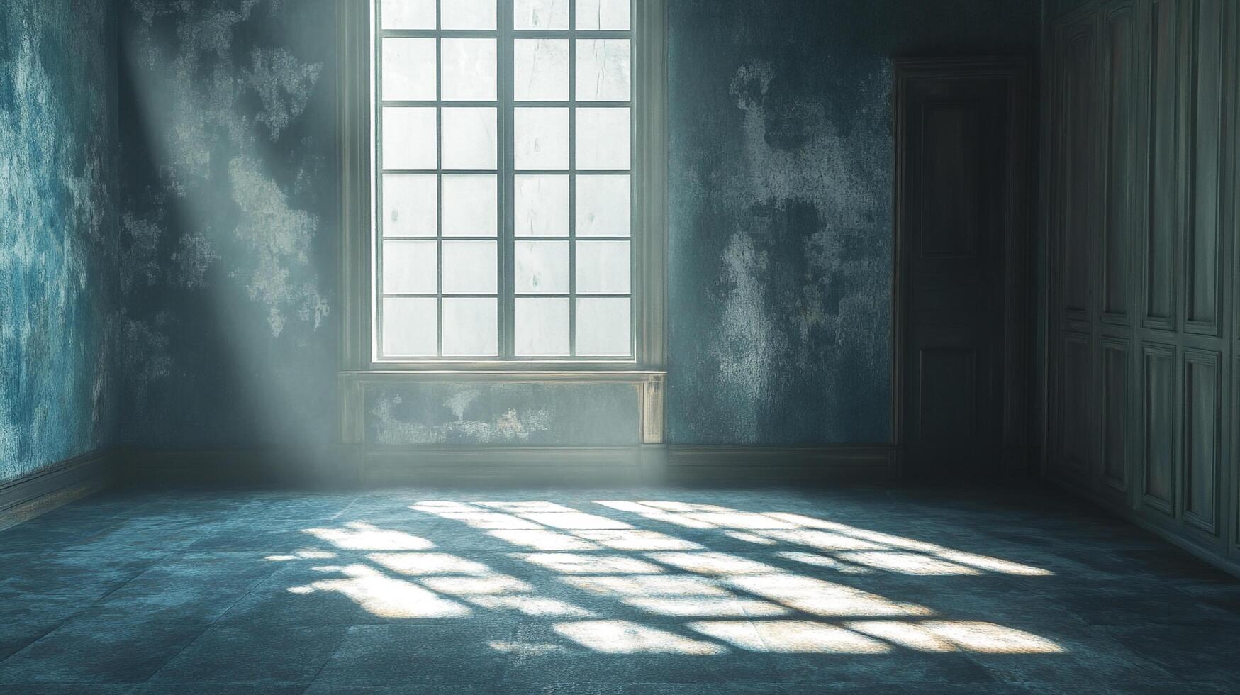 Sunlight streams into an empty room with aged walls and a large window, creating dramatic shadows and emphasizing its desolate state. photo