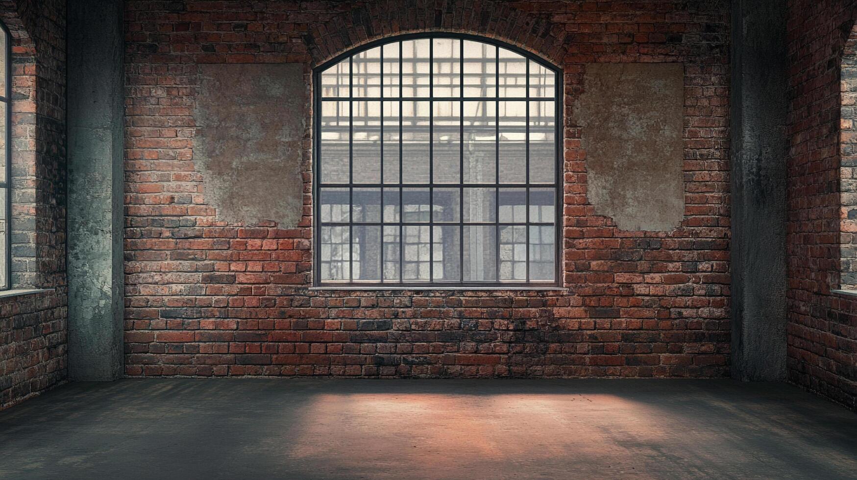 Rustic interior of a worn down space with exposed brick walls, large window letting in natural light. Creates an industrial, textured backdrop. photo