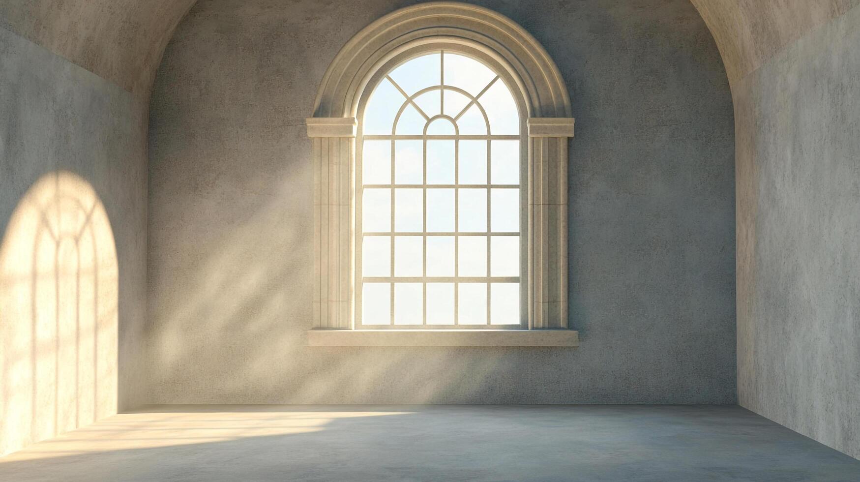 Sunlight streams through an arched window into a large, empty room, highlighting the architecture and creating a sense of calm and serenity. photo