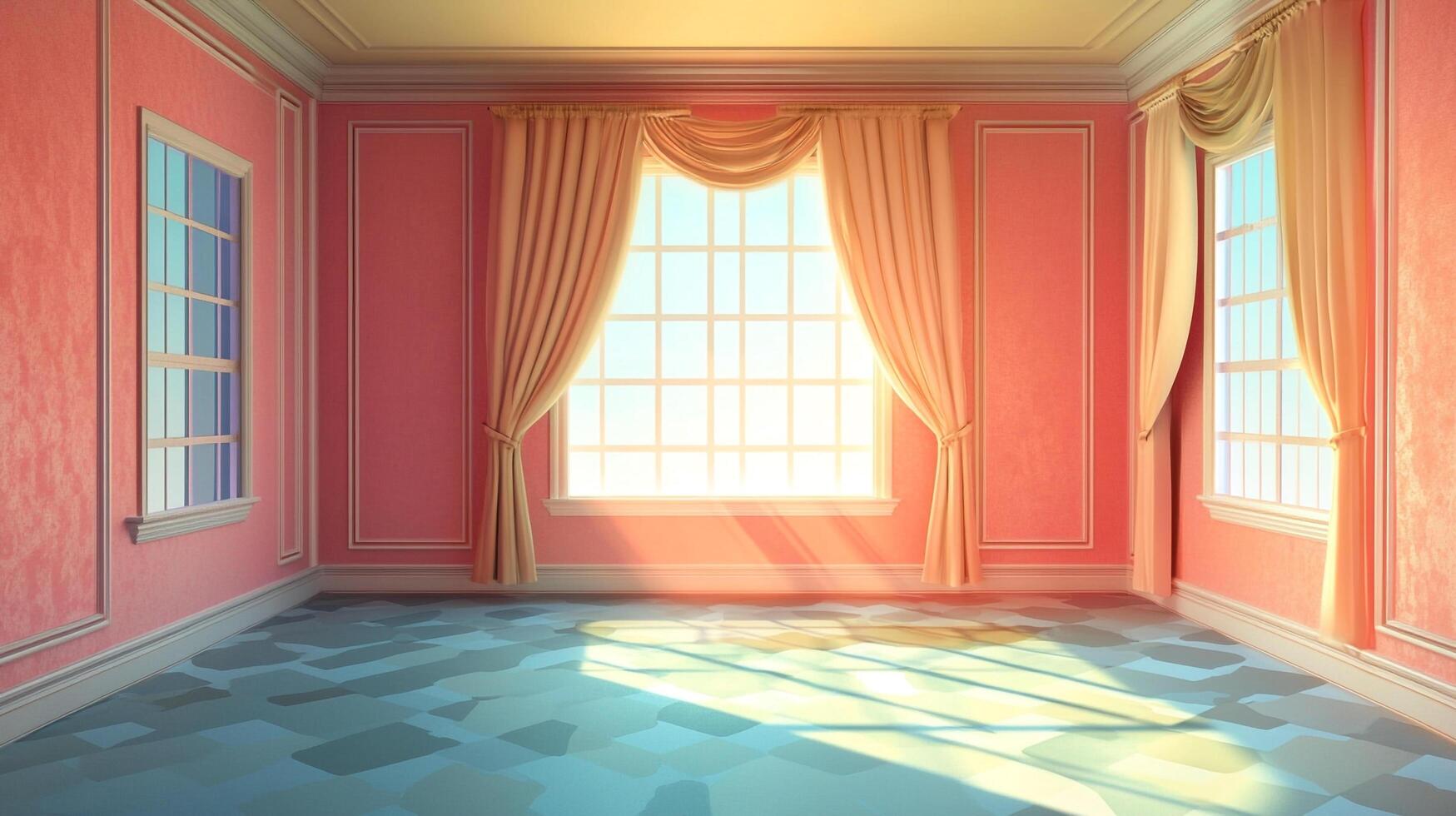 A sun-drenched, pink-walled room with large windows framed by draped curtains, casting light across a blue patterned floor. photo