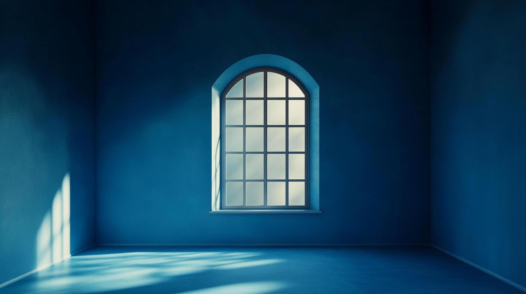 Blue room with light streaming through arched window, creating shadows and highlights for a serene, contemplative atmosphere. photo